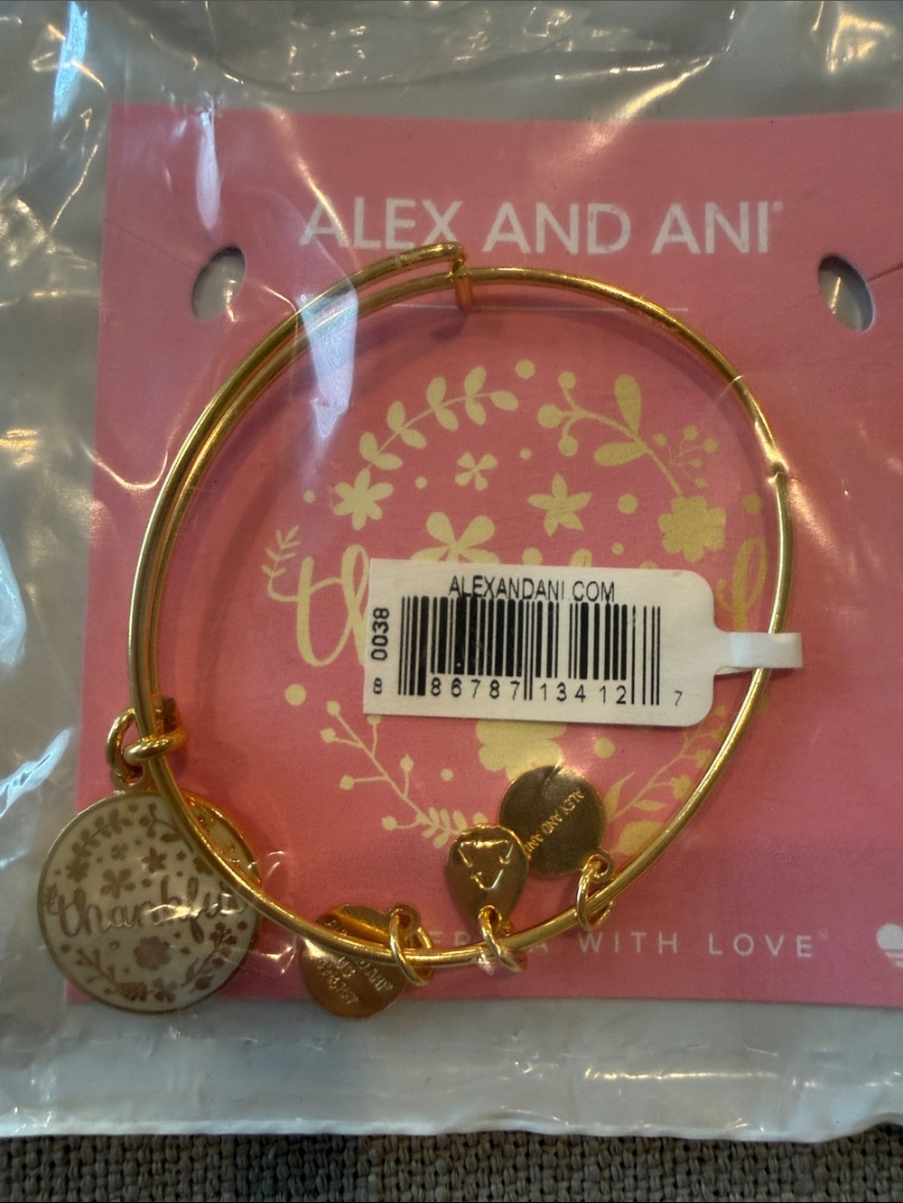 NWT Alex and Ani Gold Charm Expandable Bangle Bracelet w/ Original Box- Thankful